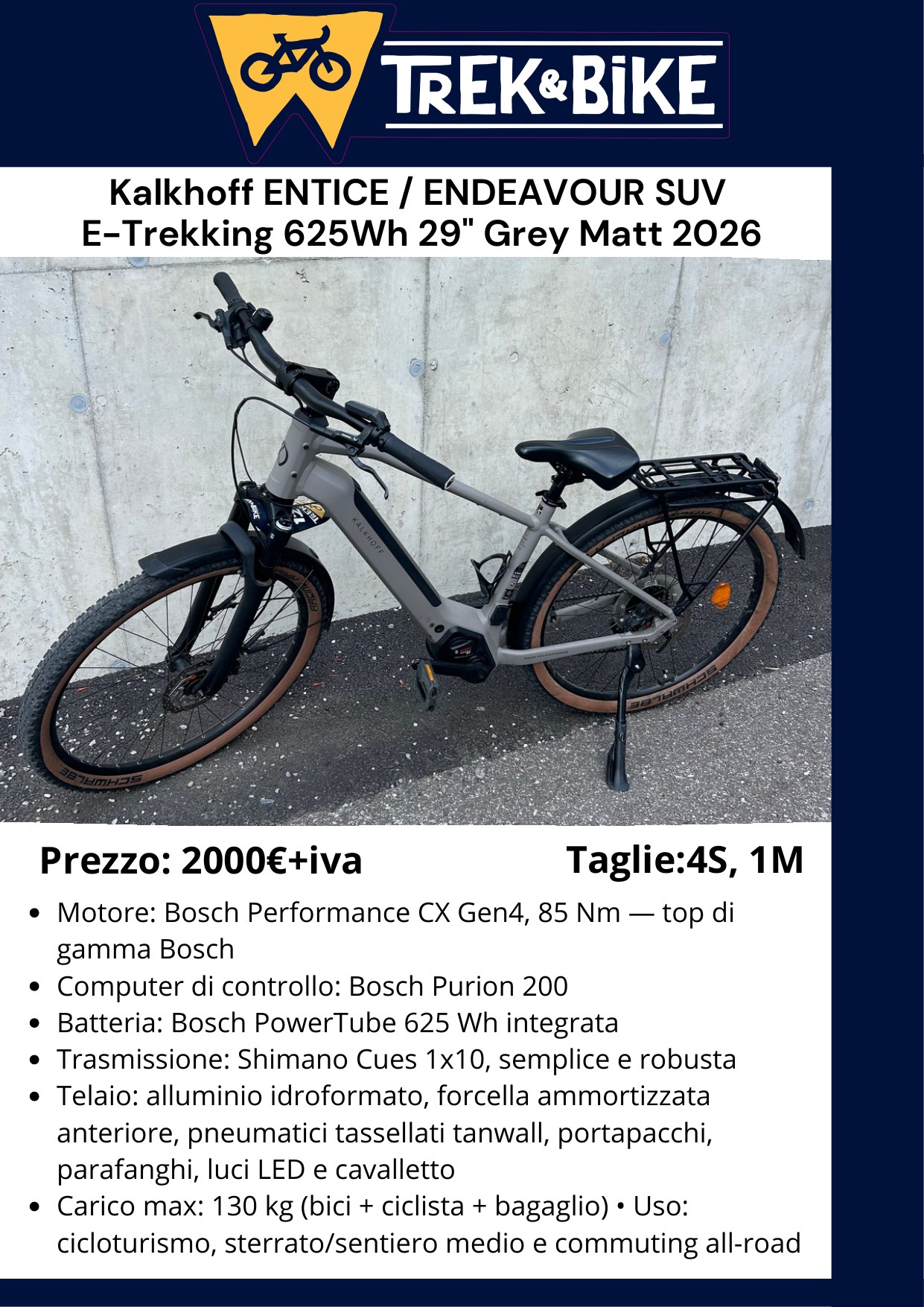Kalkhoff ENTICE / ENDEAVOUR SUV E-Trekking 625 Wh 29” Grey Matt 2026 - volantino Trentino WILD