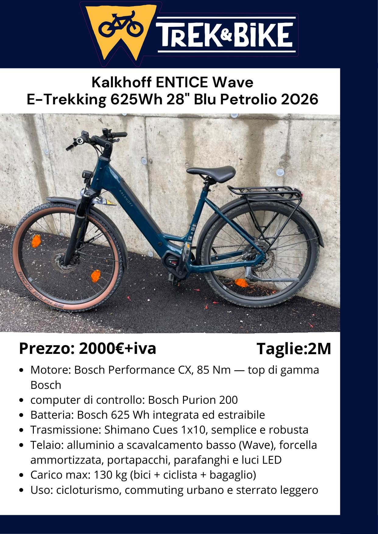 Kalkhoff ENTICE Wave E-Trekking 625 Wh 28” Blu Petrolio 2026 - volantino Trentino WILD
