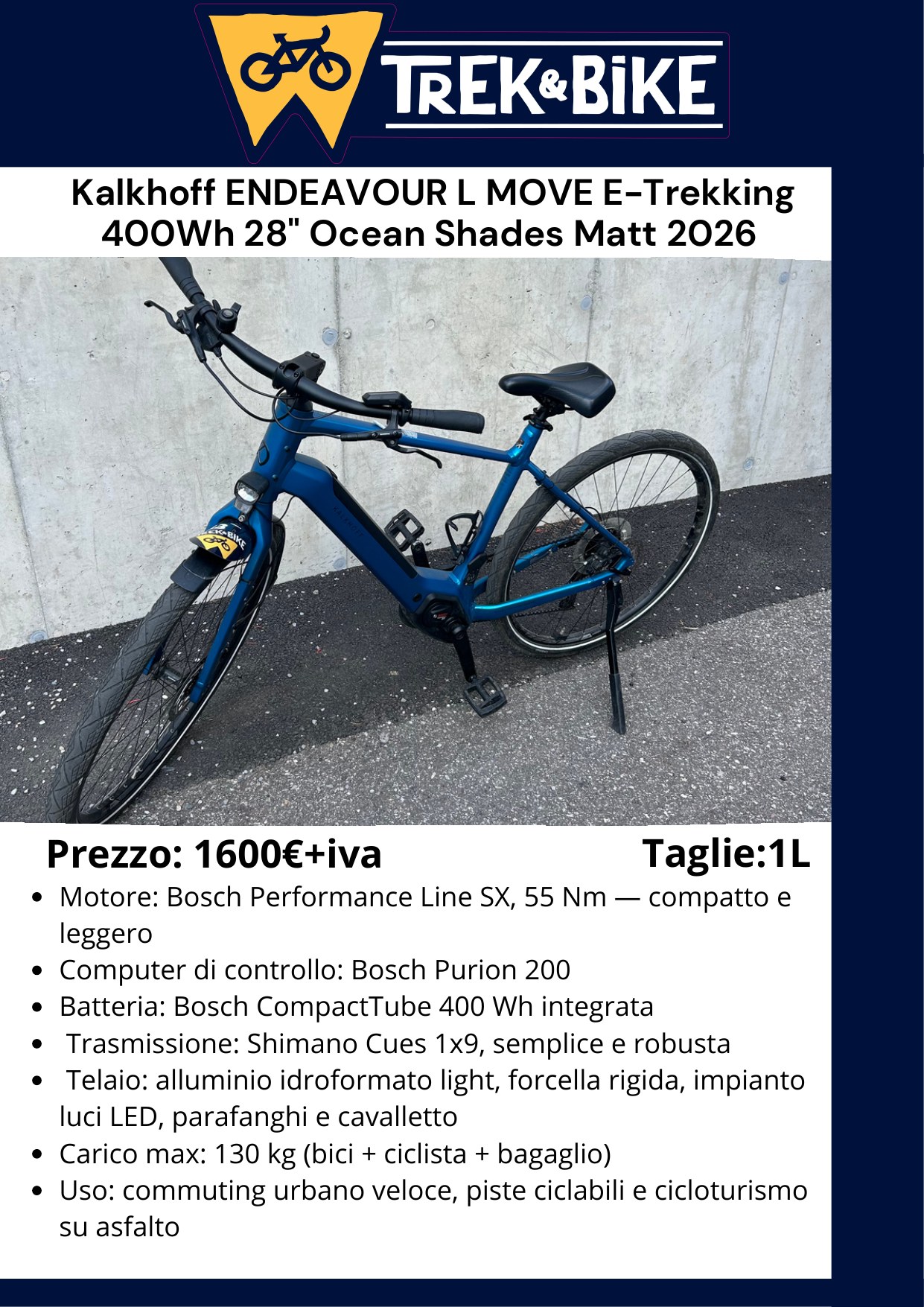 Kalkhoff ENDEAVOUR L MOVE E-Trekking 400 Wh 28” Ocean Shades Matt 2026 - volantino Trentino WILD