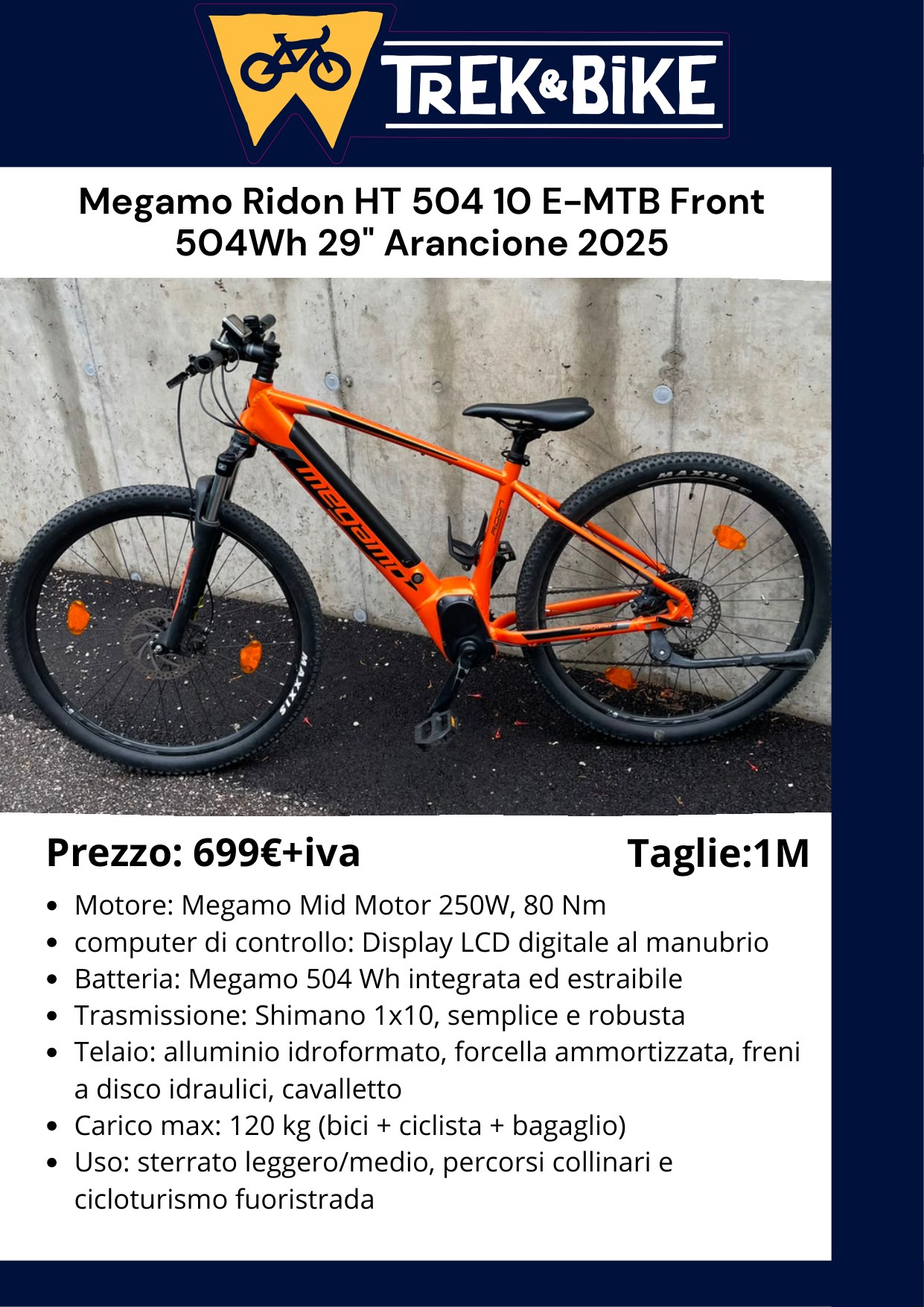 Megamo Ridon HT 504 10 E-MTB Front 504 Wh 29” Arancione 2025 - volantino Trentino WILD