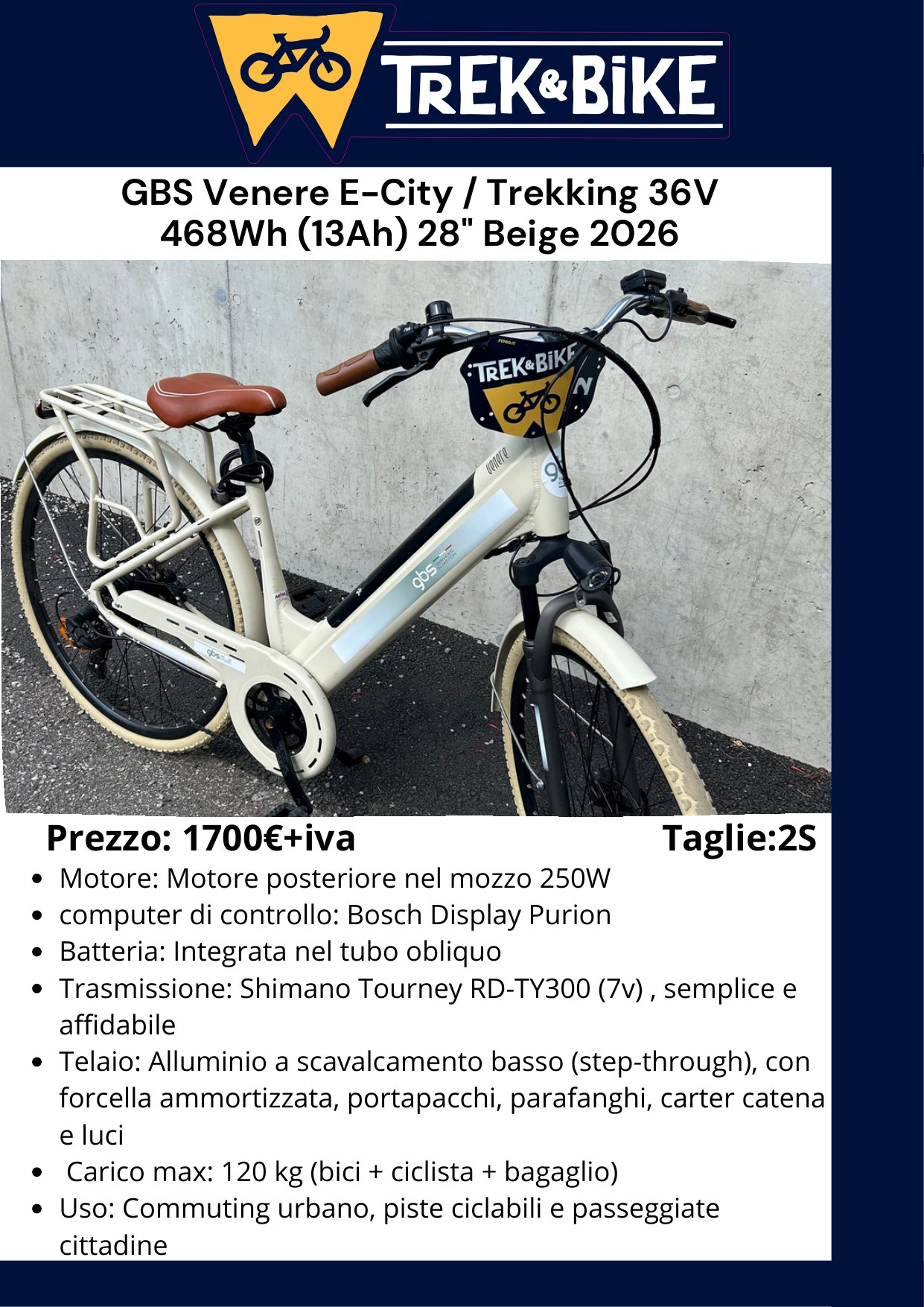 GBS Venere E-City / Trekking 468 Wh 28” Beige 2026 - volantino Trentino WILD