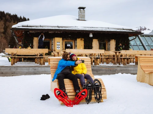Snowshoe hike, lunch at the mountain hut and return by sled or snowmobile
